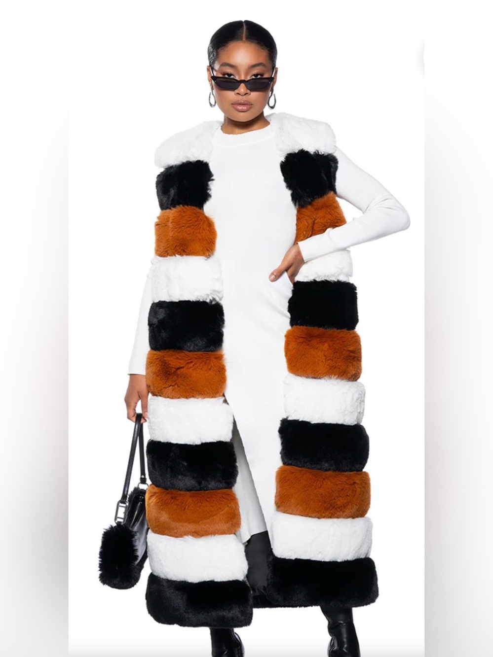 NWT LORAGAL Women's Faux Fur Sleeveless Coat
Vest White Black Orange Striped